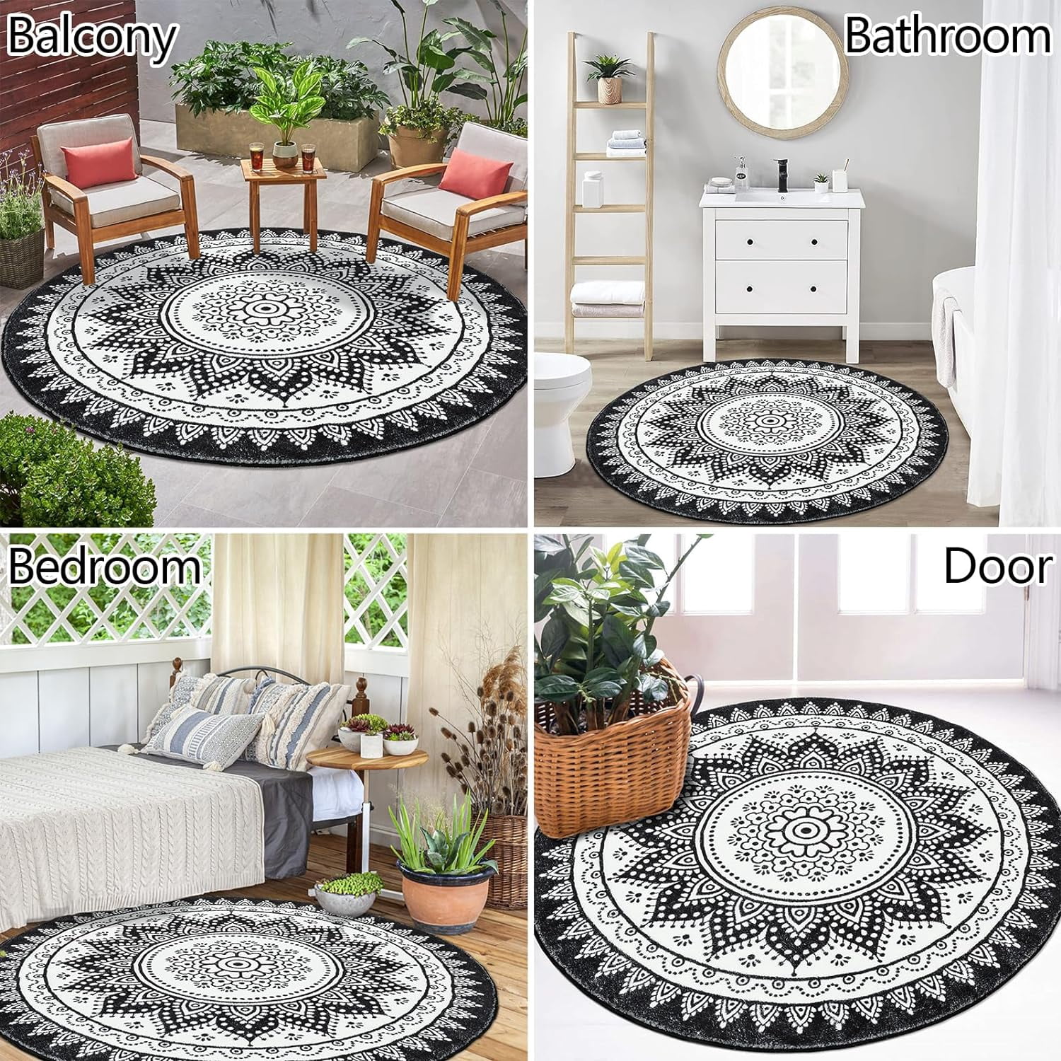 MJIAexp 4ft Mandala Boho Round Rug Circle Rug Non-Slip Machine Washable Area Rug Soft Bedroom Rug Throw Rug Vintage Carpet for Living Room Kitchen Dorm Coffee Table Black White