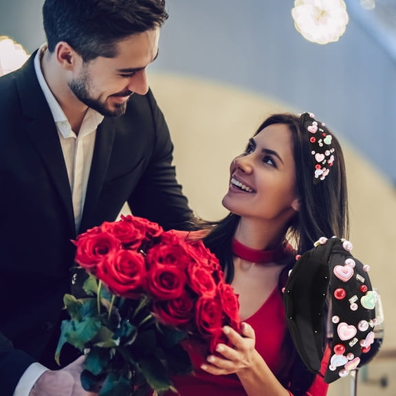 Mouliraty Valentine's Day Headbands Hair Accessories Heart With Pearls Wide Top Knot Headbands For Valentine's Day Party Dating Tanabata Party Gift Everyday Matching