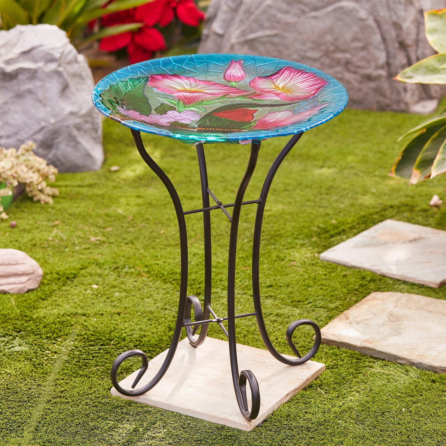 LuxenHome Hummingbird Floral Glass Birdbath with Metal Stand