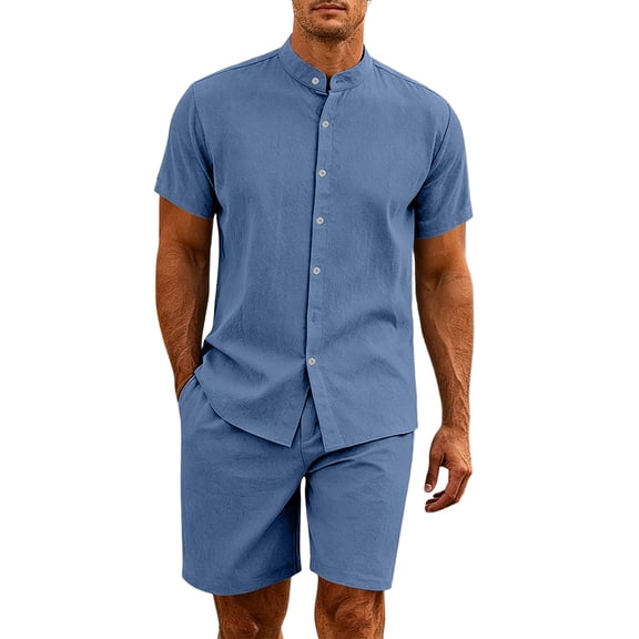 LTTVQM Mens Walking Vacation Solid Color Cotton Linen Stand Collar Button Top Elastic Adjustable Drawstring Waist Casual Short Summer Suit Sky Blue 3XL