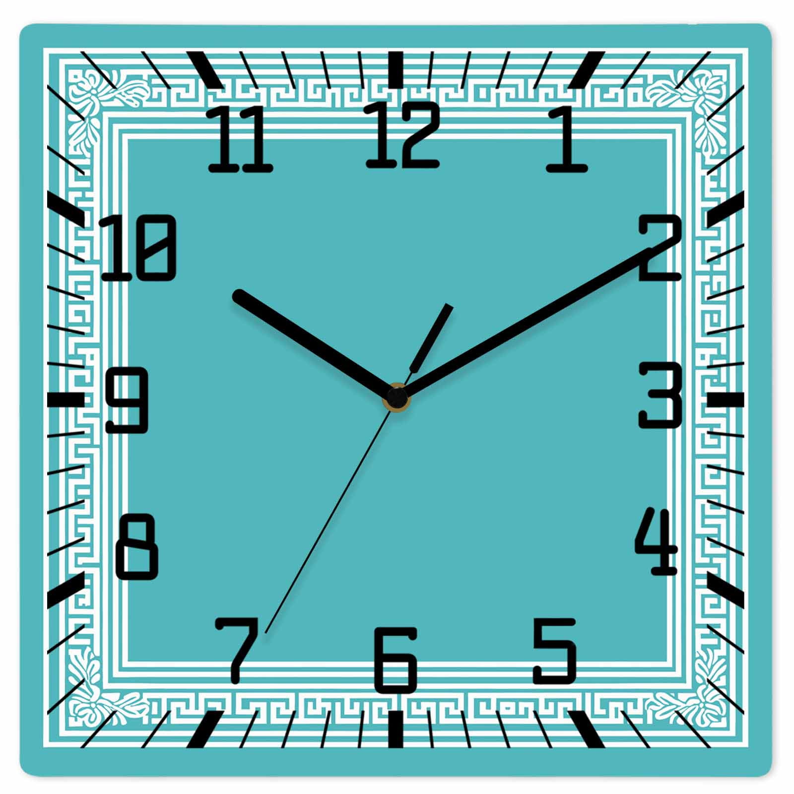 Teal Geometric Wooden Wall Clock Silent Non Ticking, White Greek Key Design Abstract Modern Art Square Wall Clocks Battery Operated, Decor Clock for Home Office, Living Room, Kitchen, 12 Inch