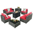 thumbnail image 1 of Patiojoy 9 PCS Rattan Dinning Set Wicker Sofa w/Propane Gas Fire Pit 60,000 Btu Heater Red, 1 of 10