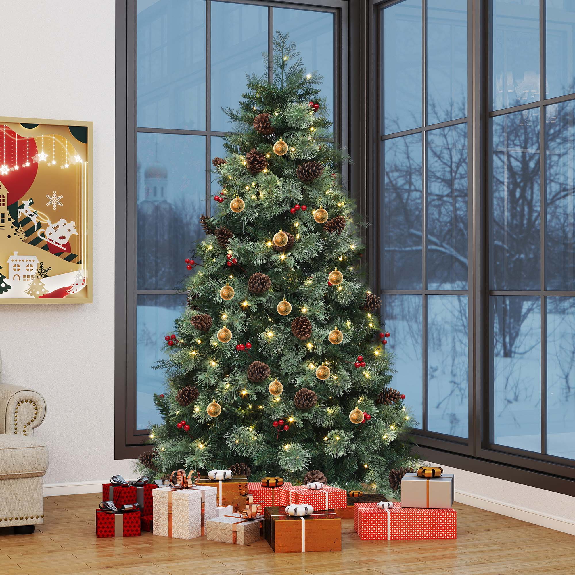 Uforic 7.5 ft Prelit Artificial Carolina Pine Christmas Tree with 1200 Tips & 400 Lights, Remote Control, Green