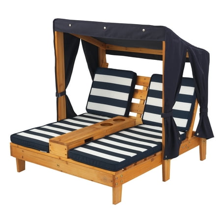 KidKraft Small Outdoor Wooden Double Chaise Lounger with Cup Holder, Navy and White