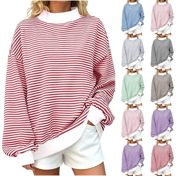 AKOEE Oversized Mock Neck Sweatshirts Womens Striped Pullover Plus Size Sweater Drop Shoulder Long Sleeve Tops (2XL, Red)