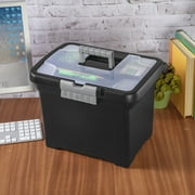 Sterilite Portable File Box, Letter-Size Plastic File Storage Box with Handle and Divided Lid Storage Compartment, Black