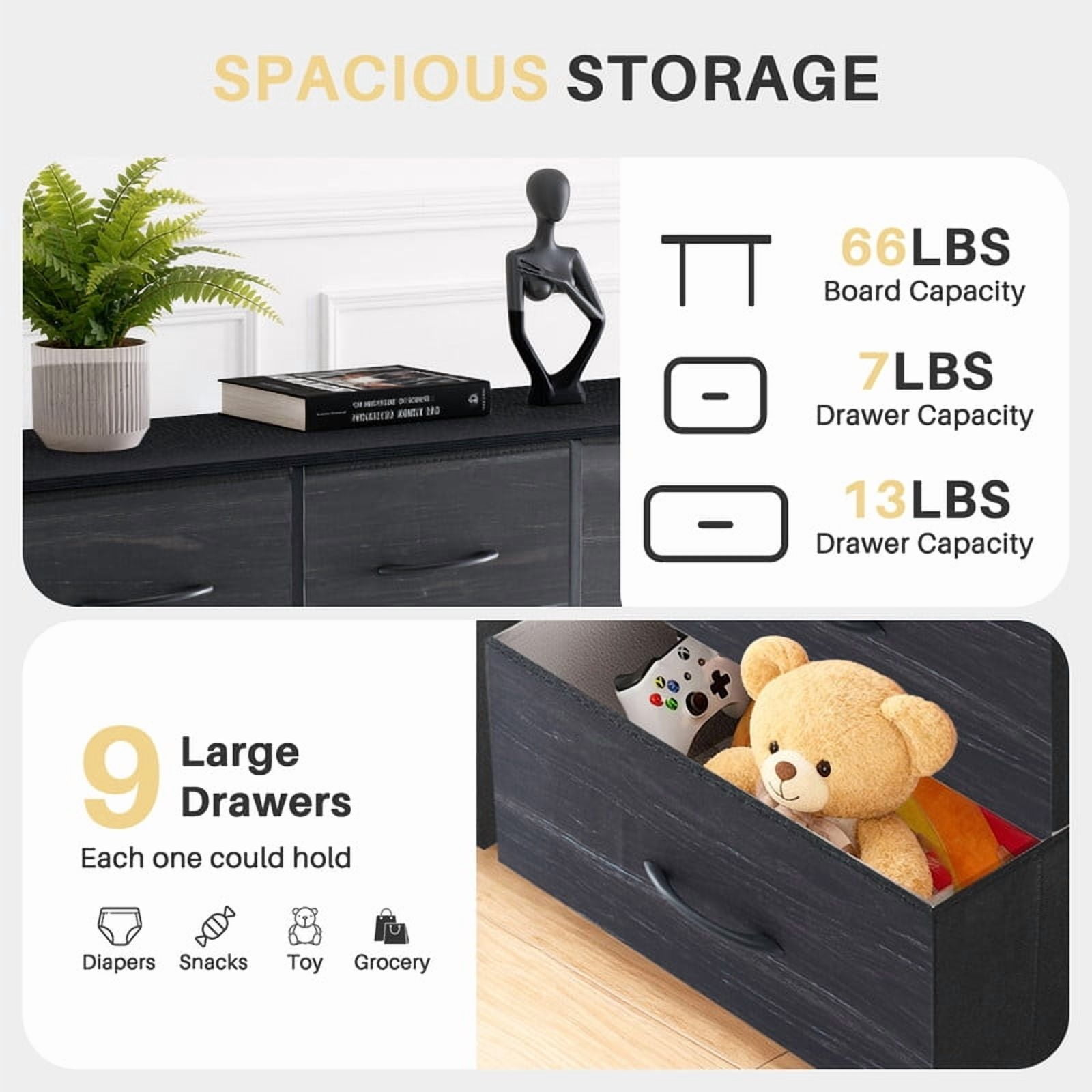Simenmax 9 Drawers Dresser for Bedroom, Tall Fabric Closet Chests Organizer Tower Furniture with Wooden Top Metal Frame for Bed Room, Living Room, Hallway, Entryway,Black Wood