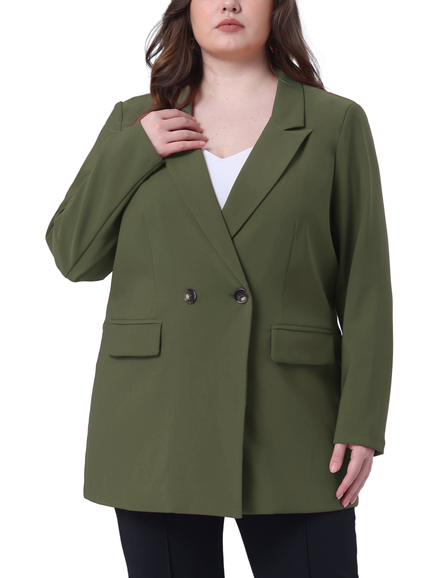 DARING DIVA Women's Plus Lapel Button with Pocket Jackets Long Blazer 1X Army Green