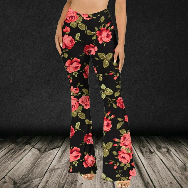 EQWLJWE Pantalon Évasé Boho à Fleurs pour Femme, Taille Haute Élastique, Tenue de Boîte de Nuit pour Sorties Nocturnes, Extensible et Doux