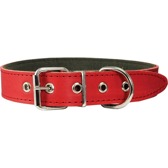 Thick Genuine Leather Dog Collar, Cotton Padded, 1.25" Wide. (Neck Circumf.: 14.5"-17.5", Red)