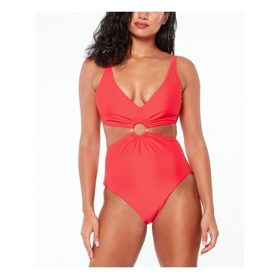 BAR III Women's Red Stretch Ring Removable Cups Deep V Neck Moderate Coverage Monokini Swimsuit S