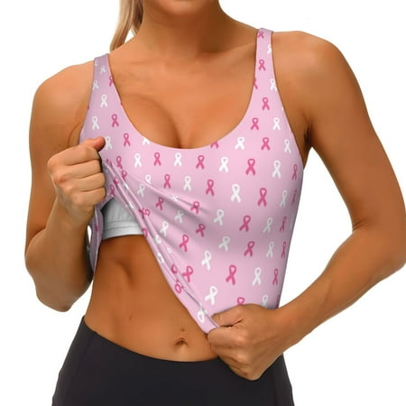 Qokaie Breast Cancer Awareness5 Pattern Womens Scoop Neck Sports Bra Breathable Workout Vest Padded U Back Medium Impact Fitness Gym Yoga Bra Workout Crop Top