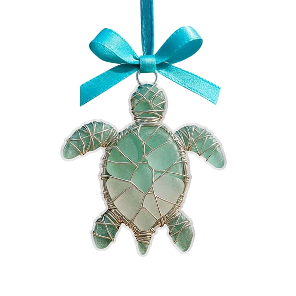 Sea Glass Turtle Ornament Handmade Wire Wrapped Hanging Decoration with Ribbon for Home Office Car Window Display