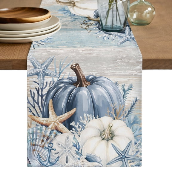 Table Runners 90 Inches Long Dress Scarves, Coastal Thanksgiving Farmhouse Coffee/Dining/Kitchen Table Decor Table Runner for Living Room, Fall Pumpkins Starfish Brown Wooden 13x90 Inch