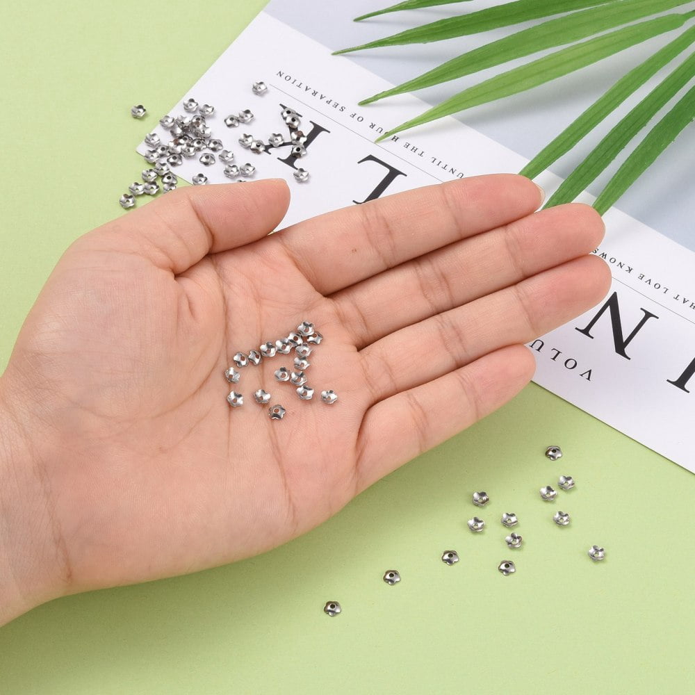 Tarnish Resistant 5-Petal 316 Surgical Stainless Steel Bead Caps Stainless Steel color 4x1mm Hole: 1mm