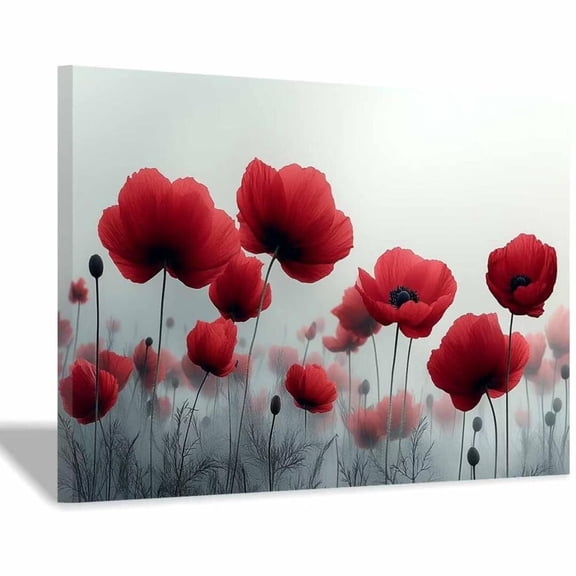 Mudket Red Flower Flowers in Mist Canvas Wall Art, Floral Botanical Wall Decor, Framed Ready to Hang Artwork for Living Room Bedroom Office - 12"L x 8"W