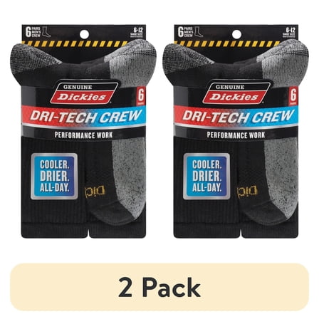 (2 pack) Dickies Men's Dri-Tech Crew Socks, 6-Pack Black Size 6-12
