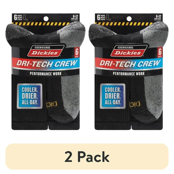 (2 pack) Dickies Men's Dri-Tech Crew Socks, 6-Pack Black Size 6-12