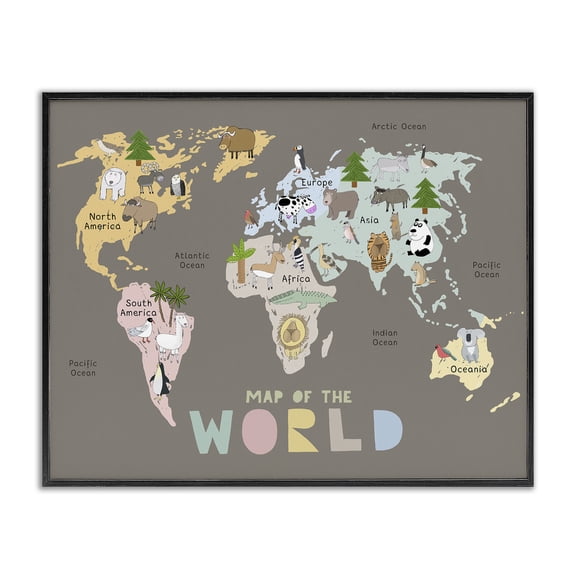 Kid's Map Of World Brown Black Framed Giclee Art, design by Carla Daly