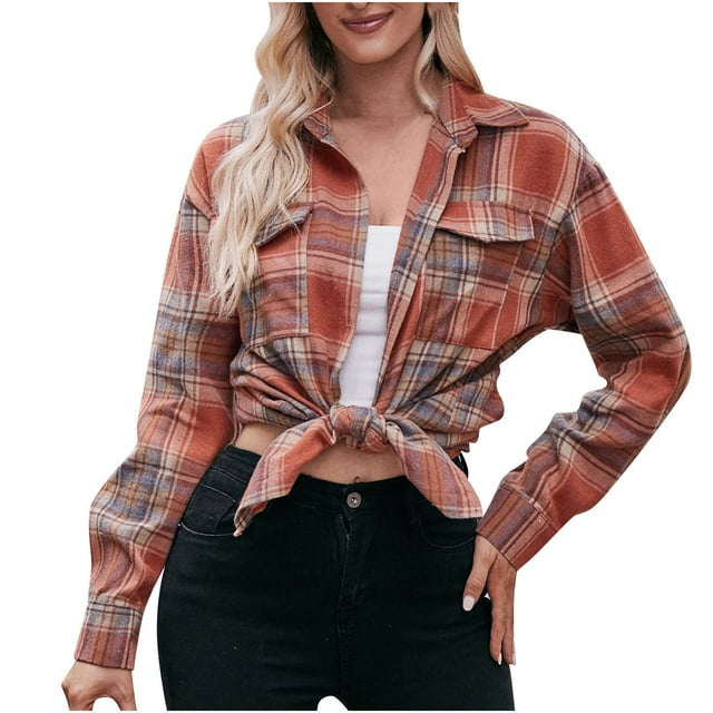 PEZHADA Chemise-Veste Décontractée à Carreaux pour Femme, Veste Chemise à Boutons à Manches Longues, Cardigan, Manteau avec Poche, Brun