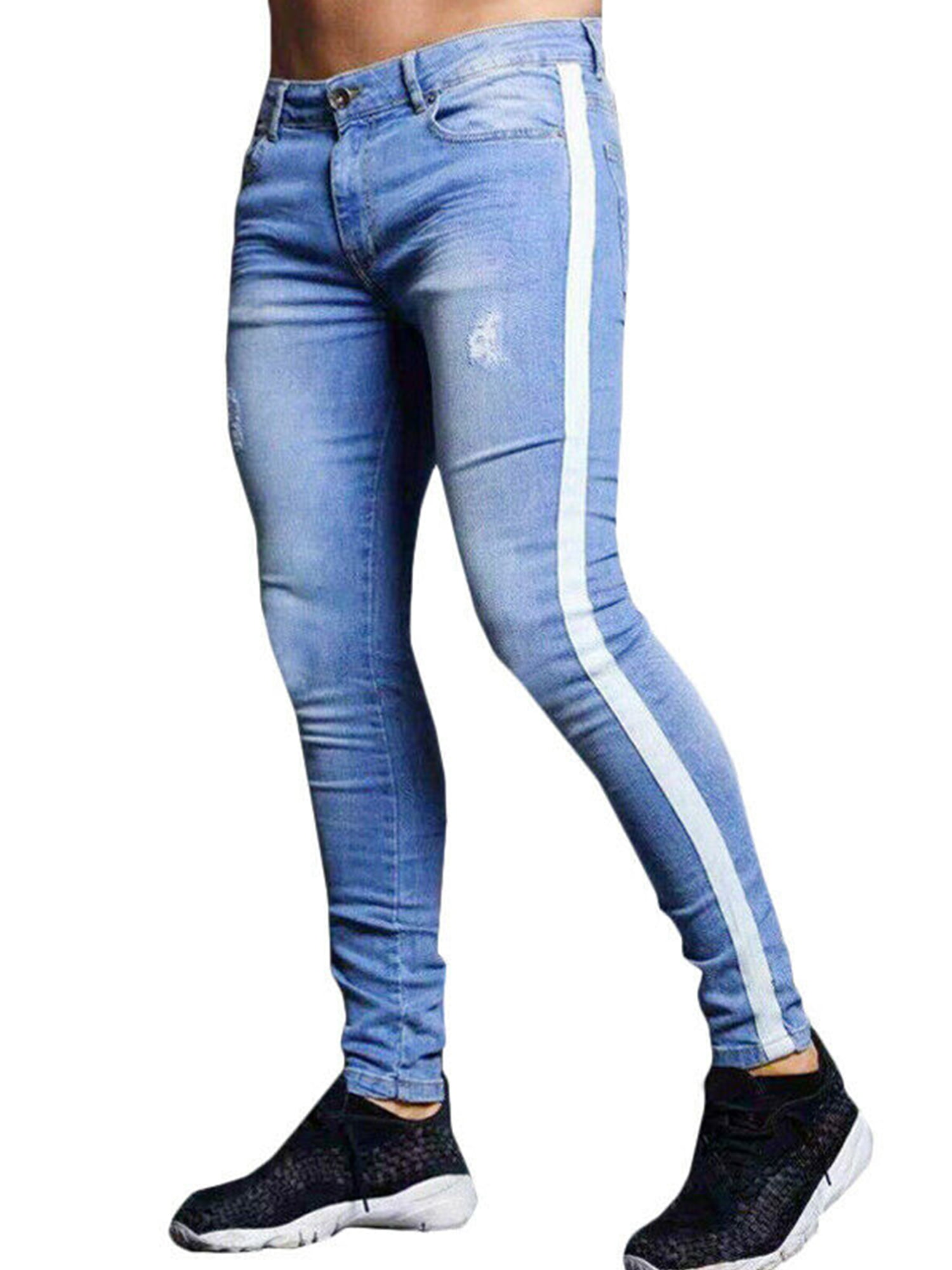 Lallc - Men's Striped Jegging Skinny Jeans Ripped Denim Pants Frayed ...