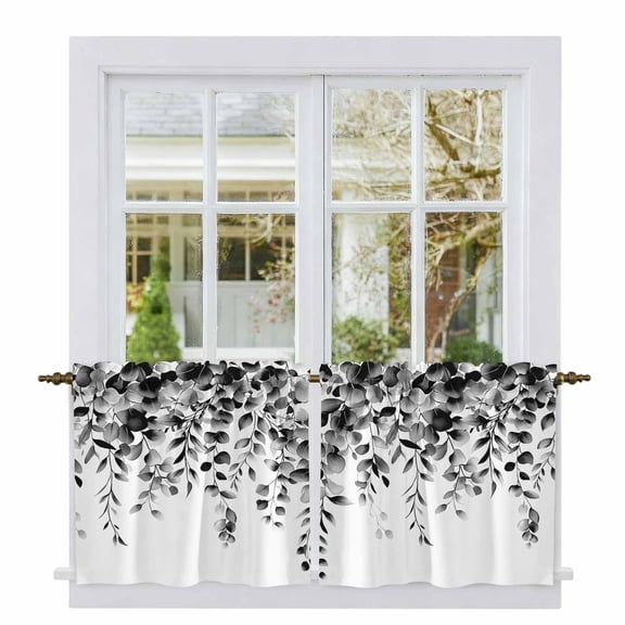 Grey Eucalyptus Tier Curtains, Gradient Retro Watercolor Leaves Light Filtering Kitchen Curtains, 2Pcs Rod Pocket Half Window Treatments Panels for Sink Cafe Cabinet Camper 27.5x24 Inches