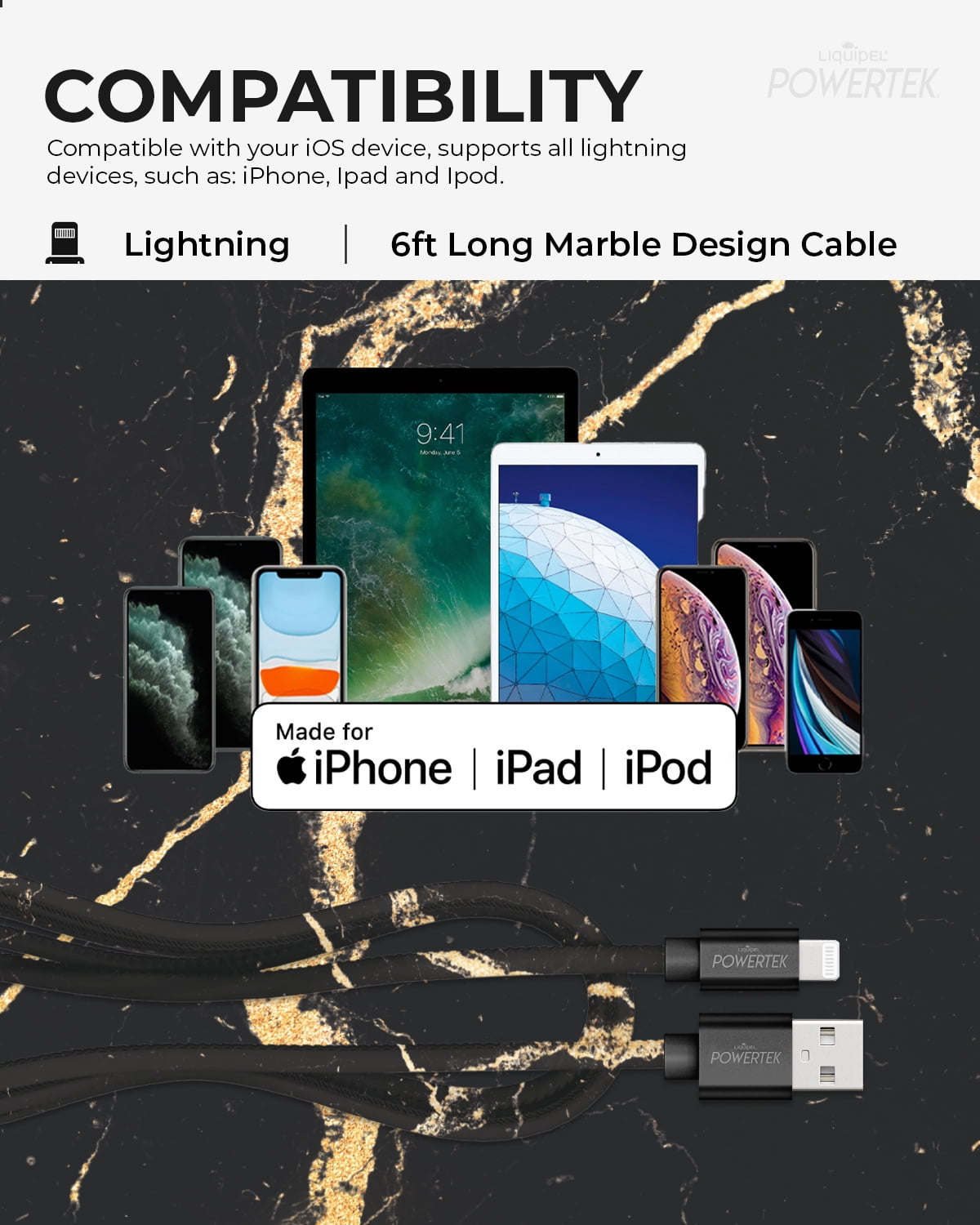 Liquipel Lightning Marble Cable - Black/Gold