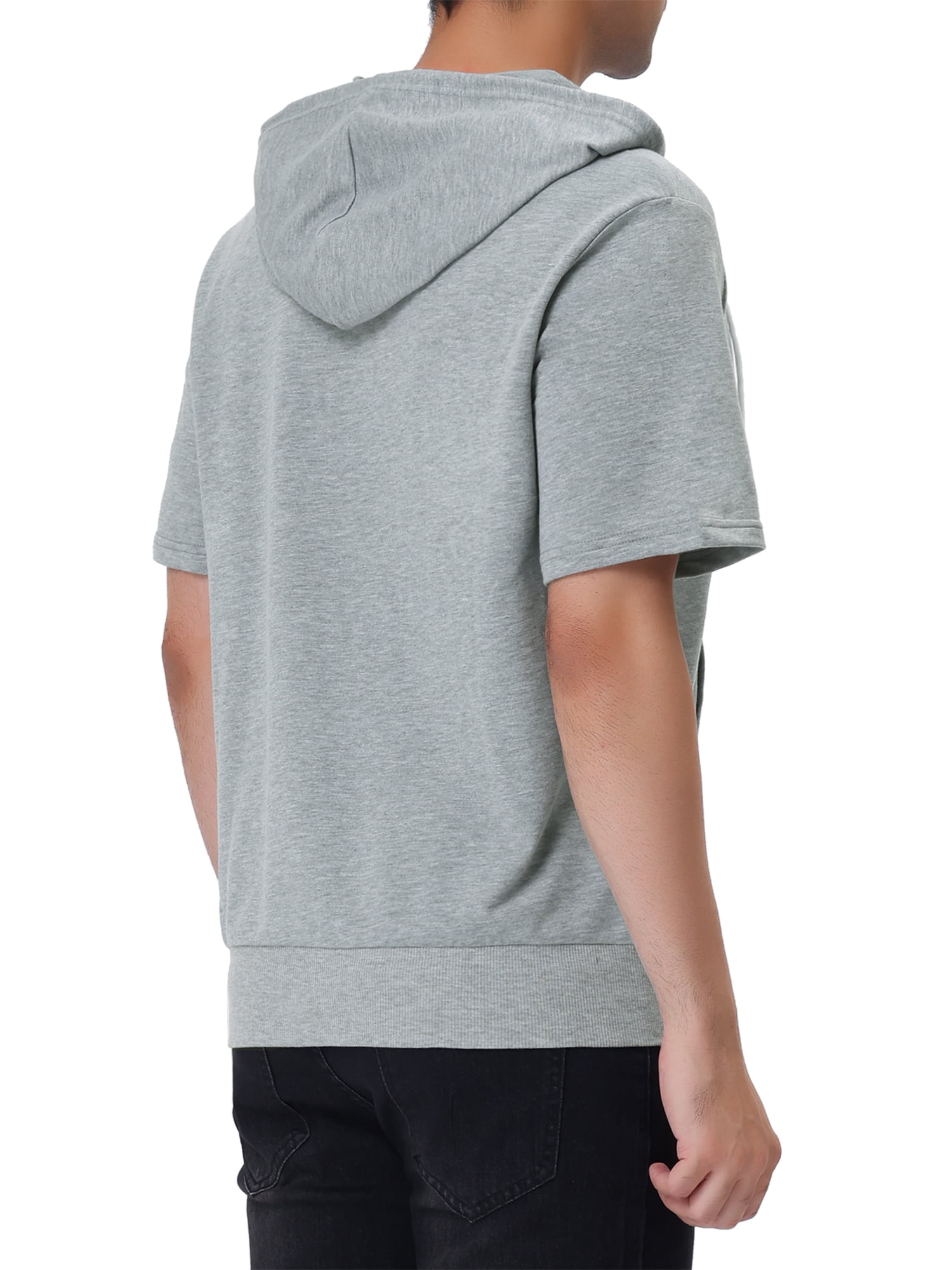 Unique Bargains Men's Short Sleeve Solid Color Zip Up Sport Hoodies L Gray