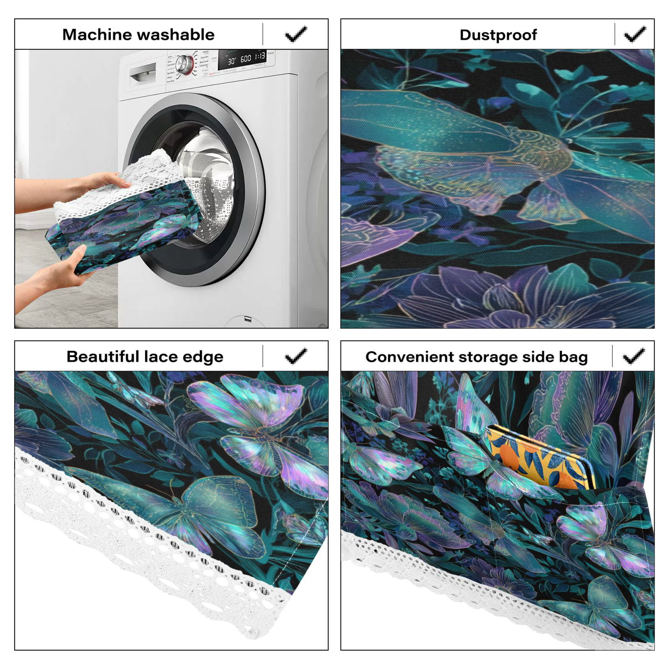 Washing Machine Cover 51.2x22in, Durable Polyester Dust Cover with Lace Trim and Side Pocket for Appliances Fluorescent Blue Butterfly