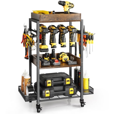 Power Tool Organizer - Drill Holder On Wheels Garage Tool Storage Rack Cart for Heavy Duty Tool Shelf
