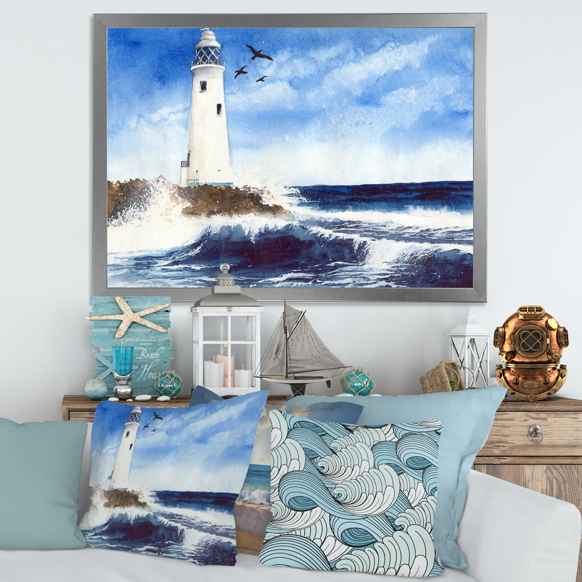 Designart 'Seagulls With Lighthouse On The Rocky Island' Nautical & Coastal Framed Art Print