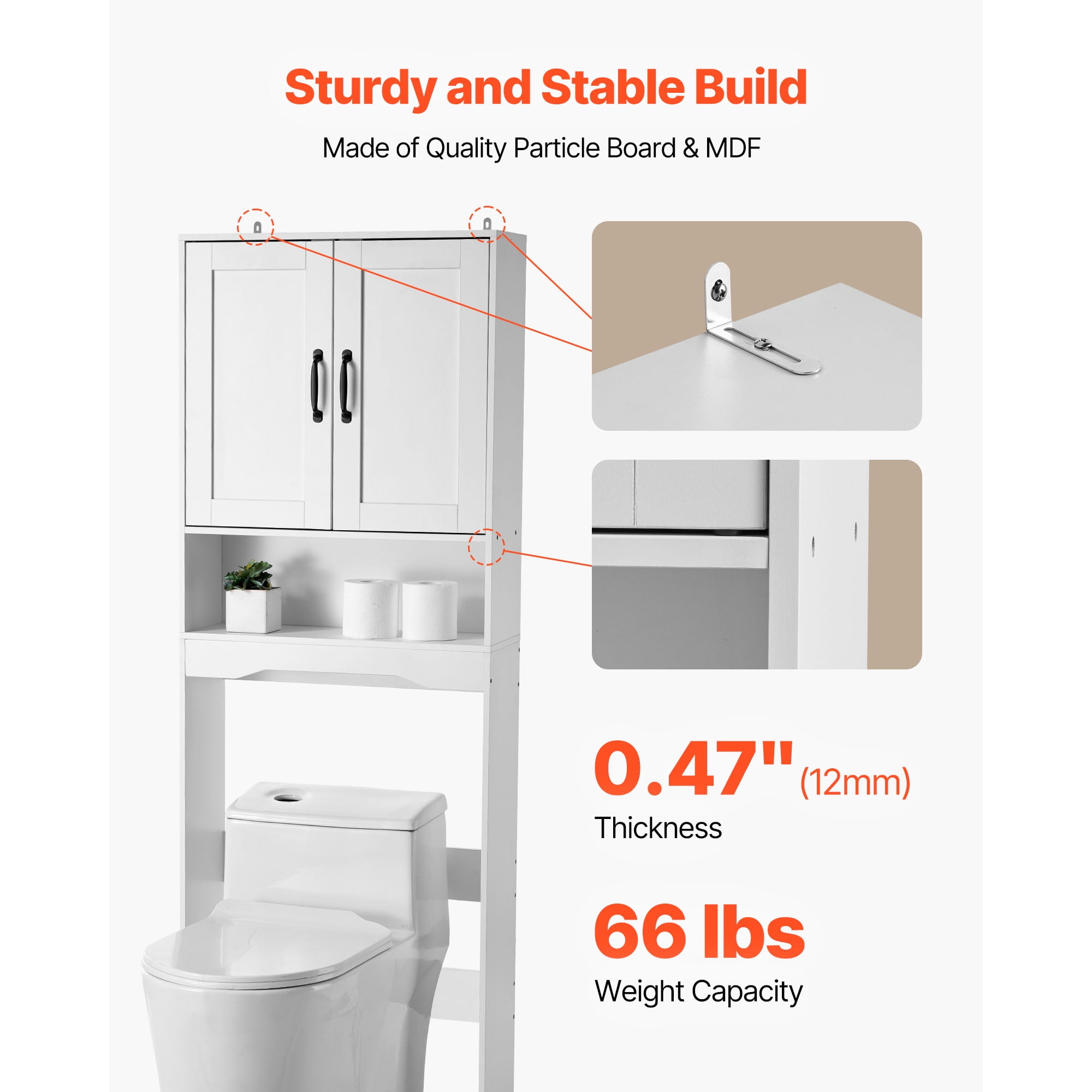 KFFKFF Over-The-Toilet Storage Cabinet, 65-Inch Tall Bathroom Organizer with Adjustable Shelf and Double Doors, Space-Saving Bathroom Storage Unit with Open Shelf, White