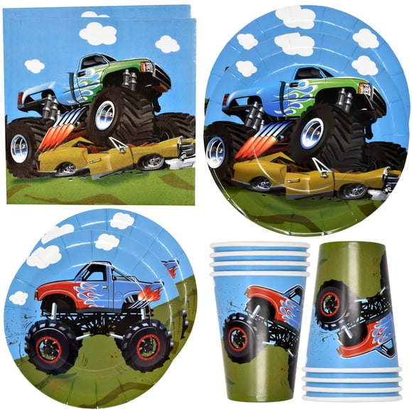 Ensemble de Vaisselle de Fête Camion Monstre 24 Assiettes en Papier 9 Pouces 24 Assiette à Dessert 7 Pouces 24 Gobelets 9 Oz 50 L