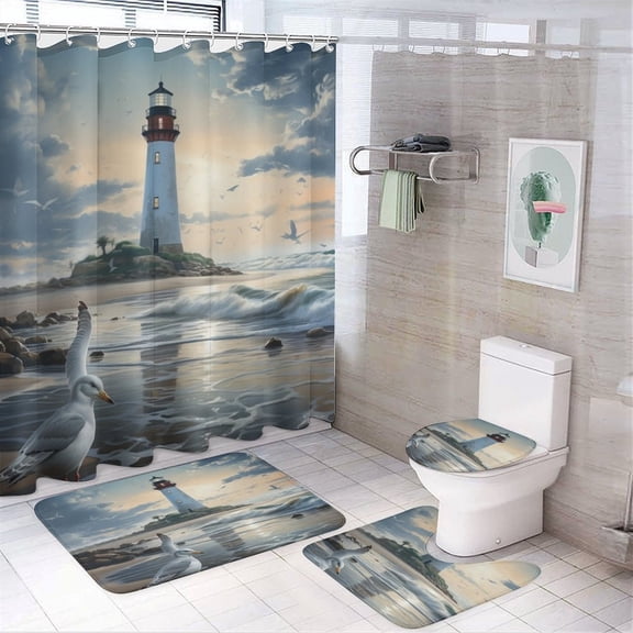 Beach Lighthouse Seagull 4 Pcs Shower Curtain Set with Non-Slip Rugs Toilet Lid Cover And Bath Mat Nautical Lighthouse Sandbeach Waterproof Fabric Bath Curtain for Bathroom Decor