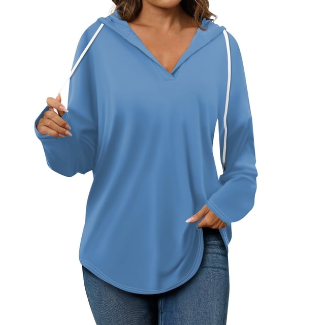 Timegard Hoodies for Women V Neck Drawstring Long Sleeve Pullover Fall Casual Loose Comfy Tops Blouse