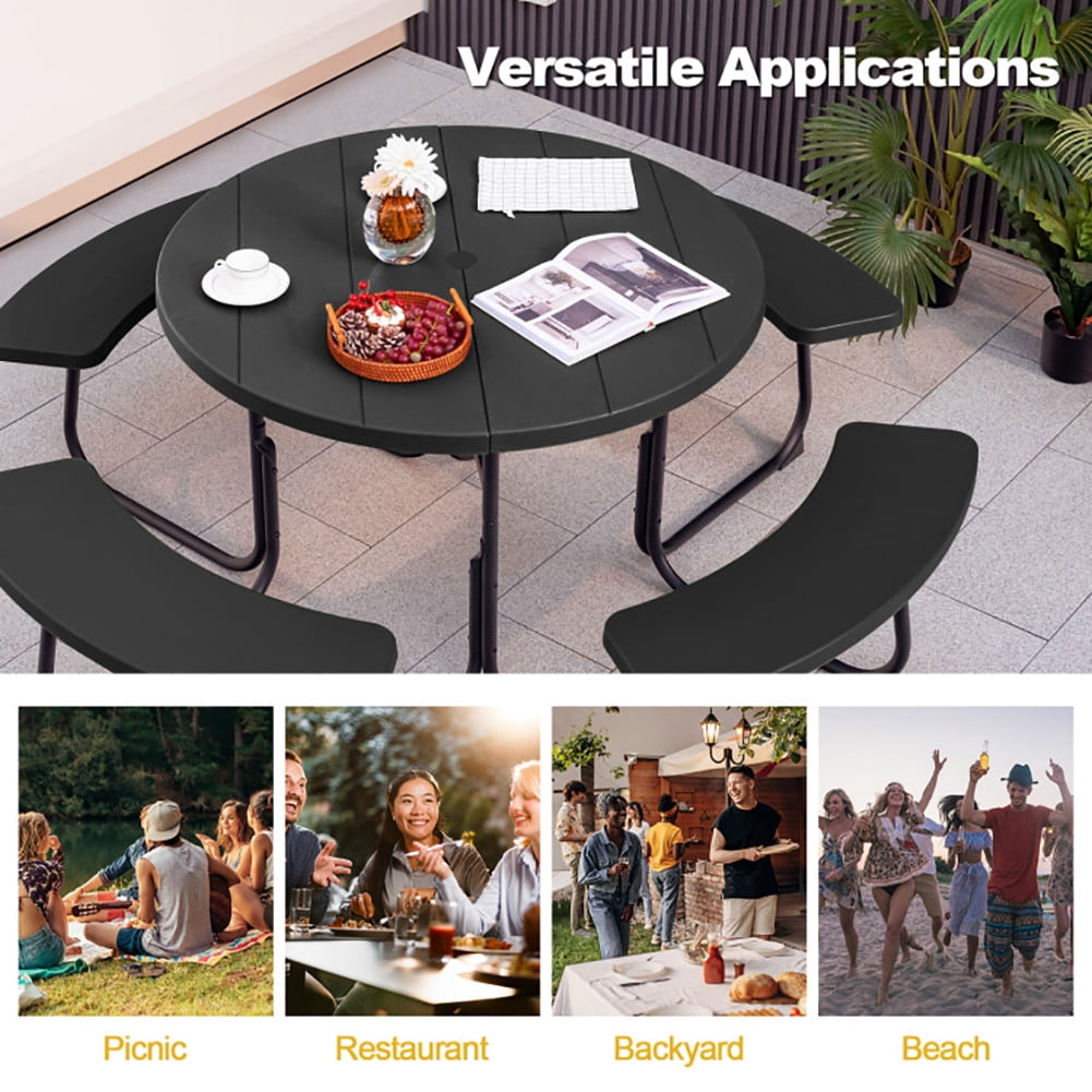 Aimee Lii 8-Person Outdoor Picnic Table and Bench Set with Umbrella Hole, Outdoor Patio Furniture Set, Black