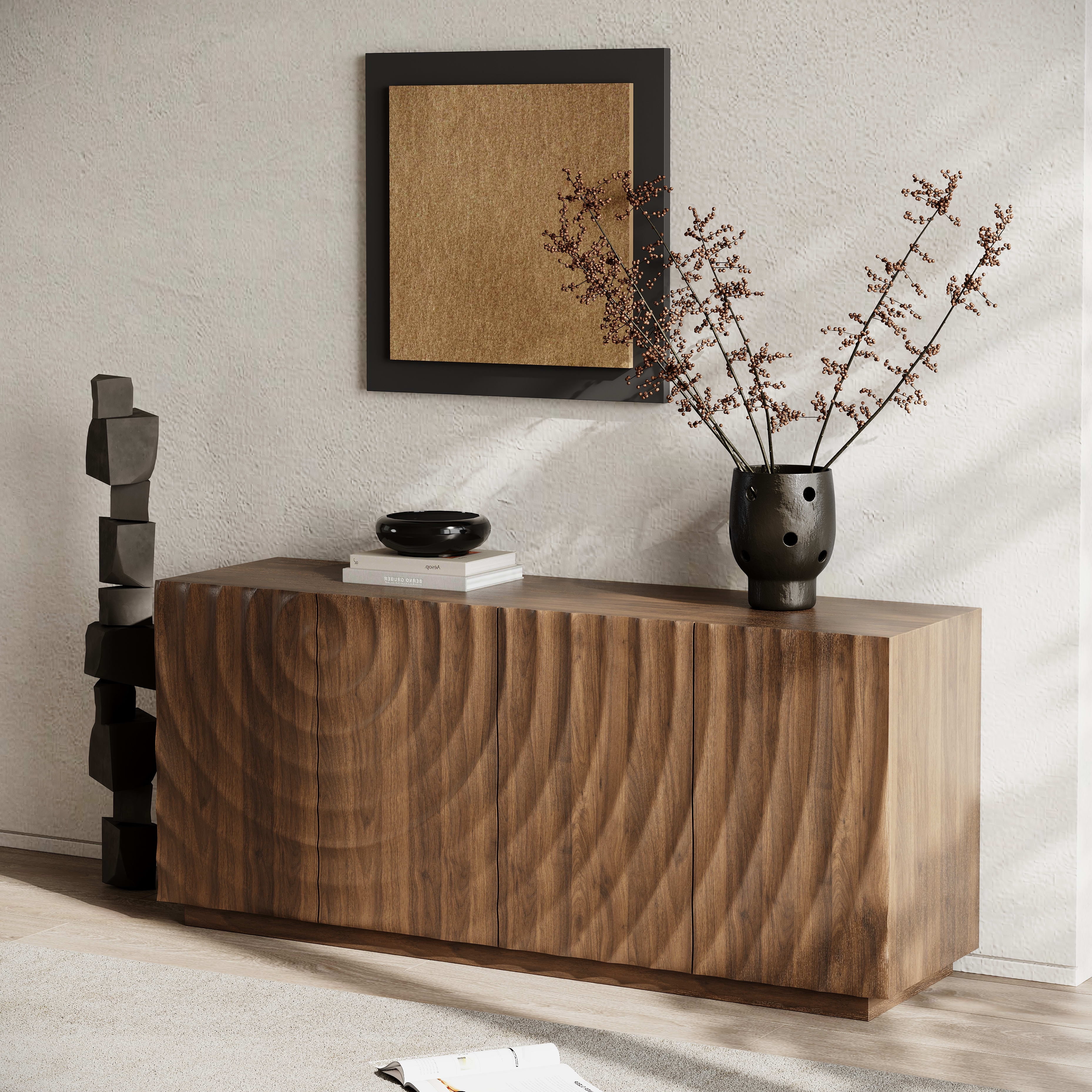 Aukfa Accent Sideboard Buffet Cabinet,Accent Storage Credenza with Ripple Door for Dining & Living Space,Walnut