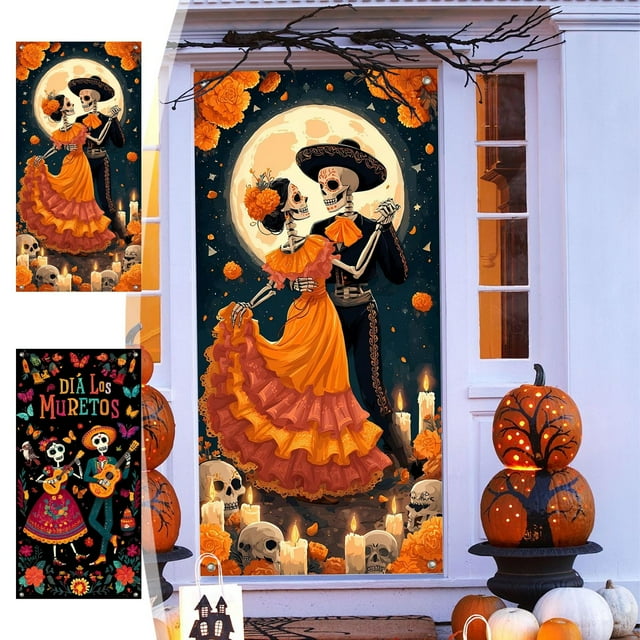 Cubrepuertas para Halloween y Día de Muertos | Decoración para Fiestas y Festivales - Tela de Poliéster de 89 X 180 Cm - Fácil Instalación - Apto para Puertas Estándar | Multicolor - 1 Unidad