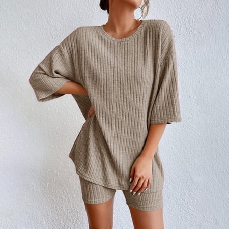 GZWYHT Lounge Sets for Women Comfy Sets for Women Clothing Pajamas Rib Knit Short Sleeve T Shirt And Shorts Loungewear Summer Two Piece Sets for Women Two Piece Sets for Women Summer Coffee M