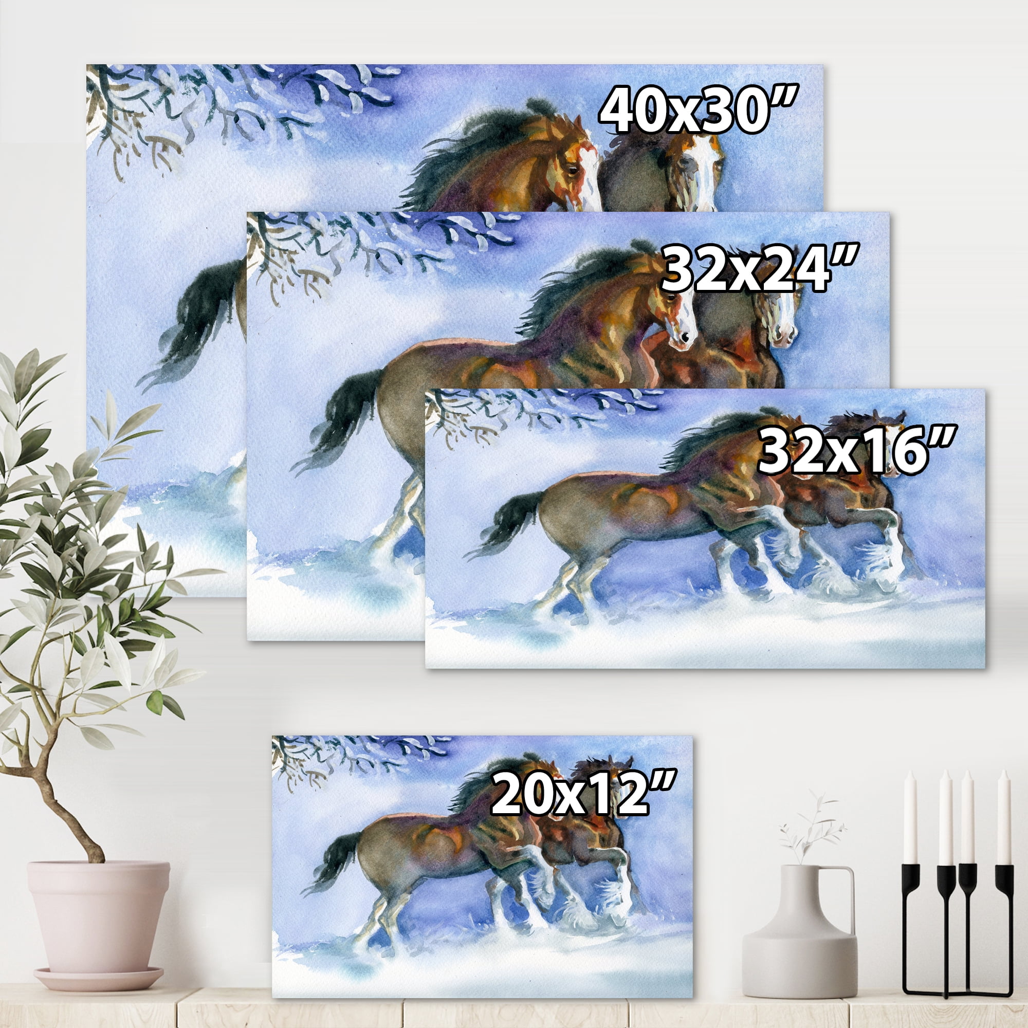 Designart ' Horses Running In Winter On Blue ' Farmhouse Canvas Wall Art Print