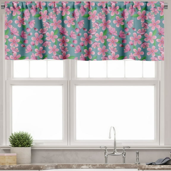 Ambesonne Cherry Blossom Valance Pack of 2, Renewal and Hope, 54"X18", Blue Grey Green and Pink