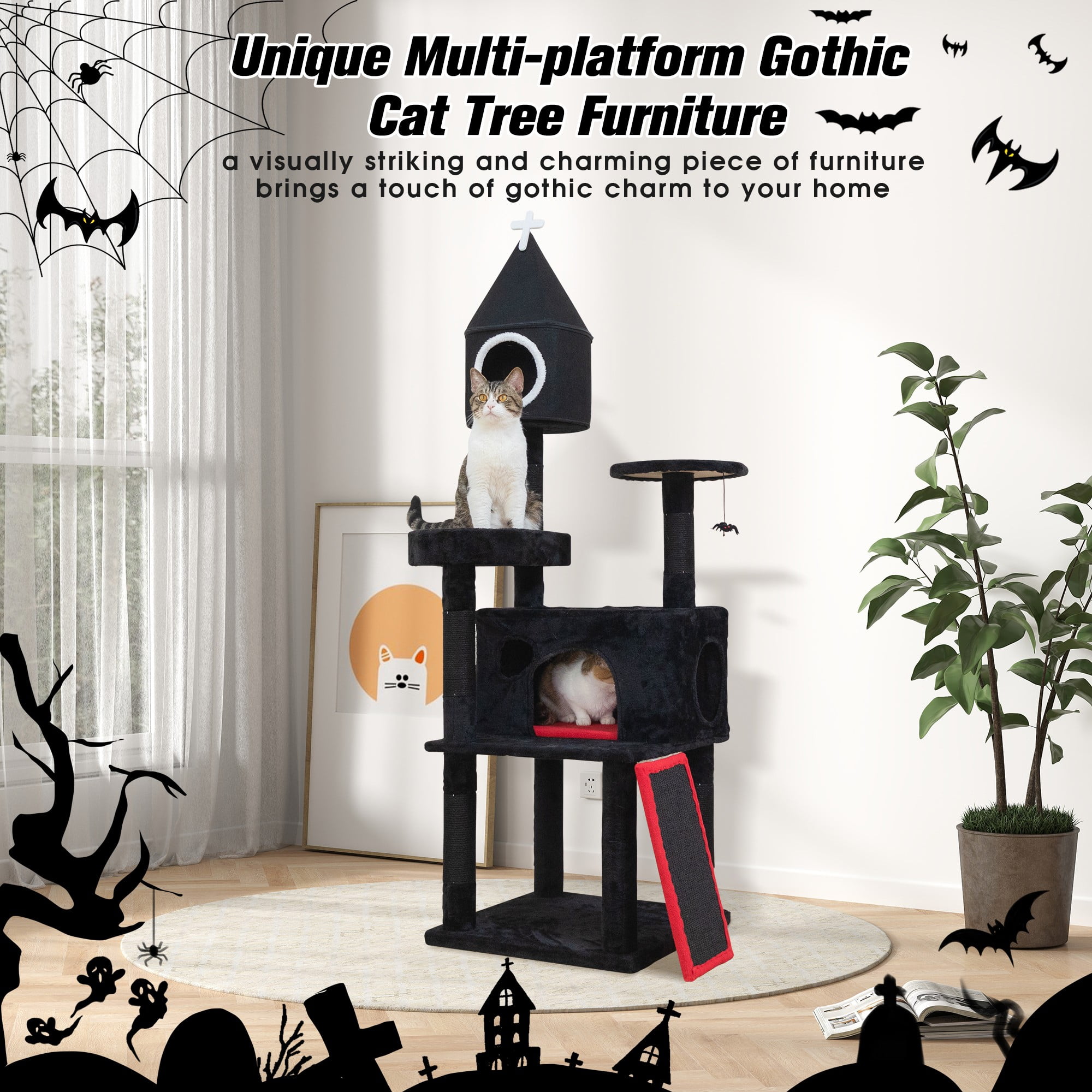 Kadyn 64" Gothic Cat Tree with Coffin Bed for Indoor Cats, Cat Tower with Scratching Ramp, Modern Cat Tree House with Condo, Black