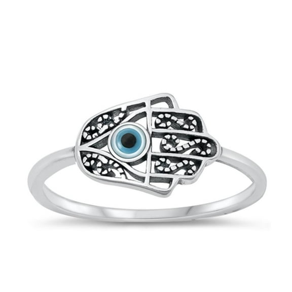 Simulated Mother of Pearl Hamsa Ring .925 Sterling Silver Band Jewelry Female Male Unisex Size 10