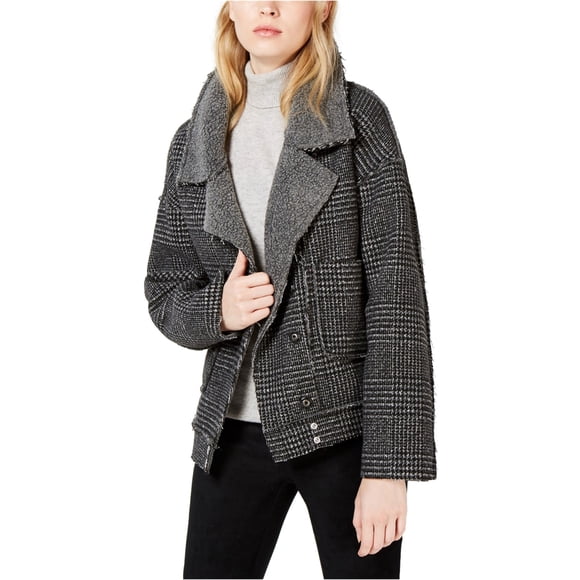 Sage The Label Womens Plaid Moto Fleece Jacket, Grey, X-Large