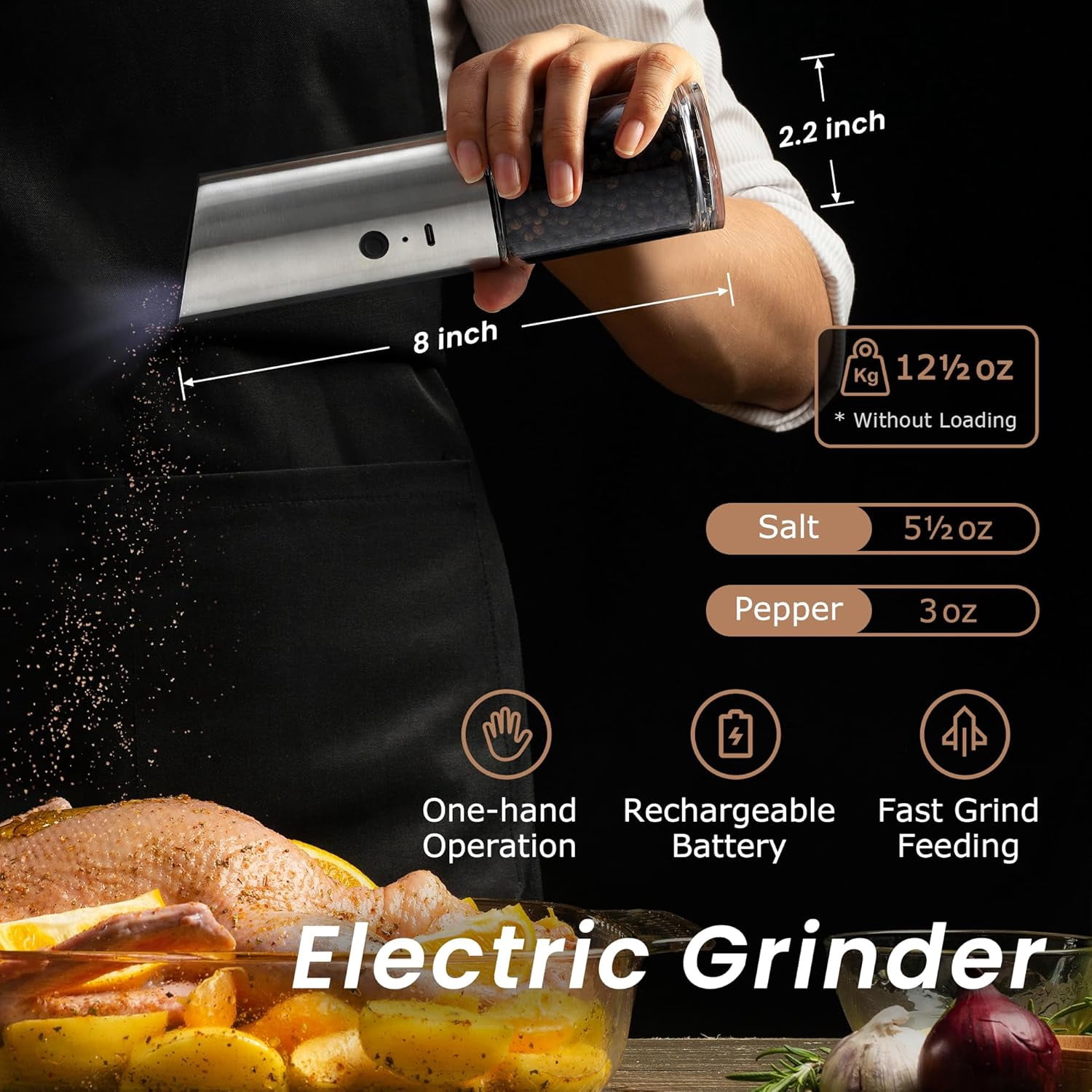 Electric Salt and Pepper Grinder Set Rechargeable with LED Light Automatic Stainless Steel Spice Mill Adjustable Coarseness