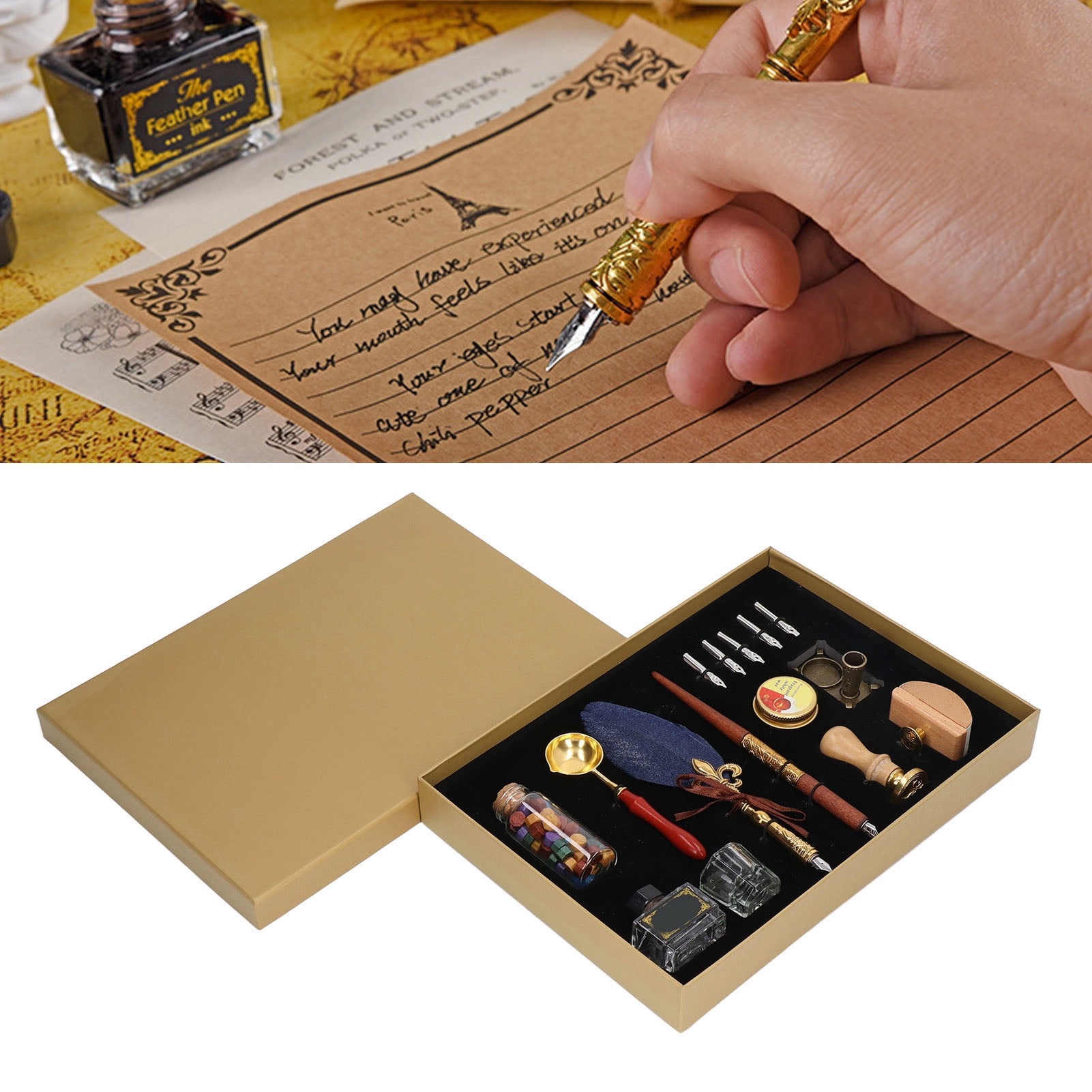 Rupoun Quill Pen and Ink Set Vintage Elegant Glossy Writing Feather Pen Wax Seal Stamp Set Dark Blue (11.81 inches / 30 cm)