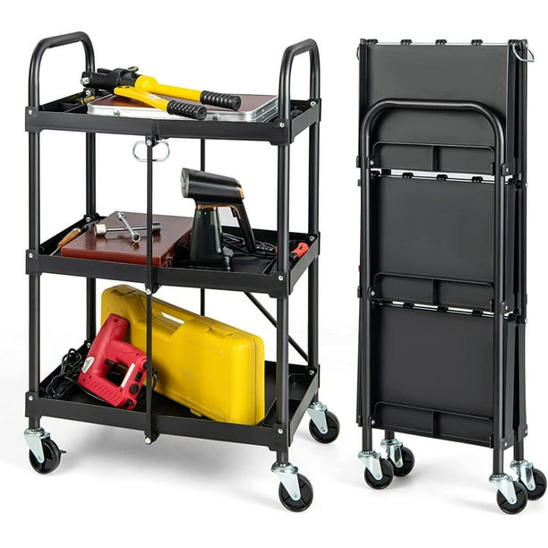 3Tier Folding Tool Cart on Wheels, Rolling Tool Storage Organizer Cart