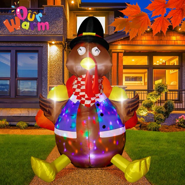 OurWarm 6ft Thanksgiving Inflatables Turkey Decoration with Colorful Rotating LED Lights for Fall Outdoor Holiday Lawn Decor