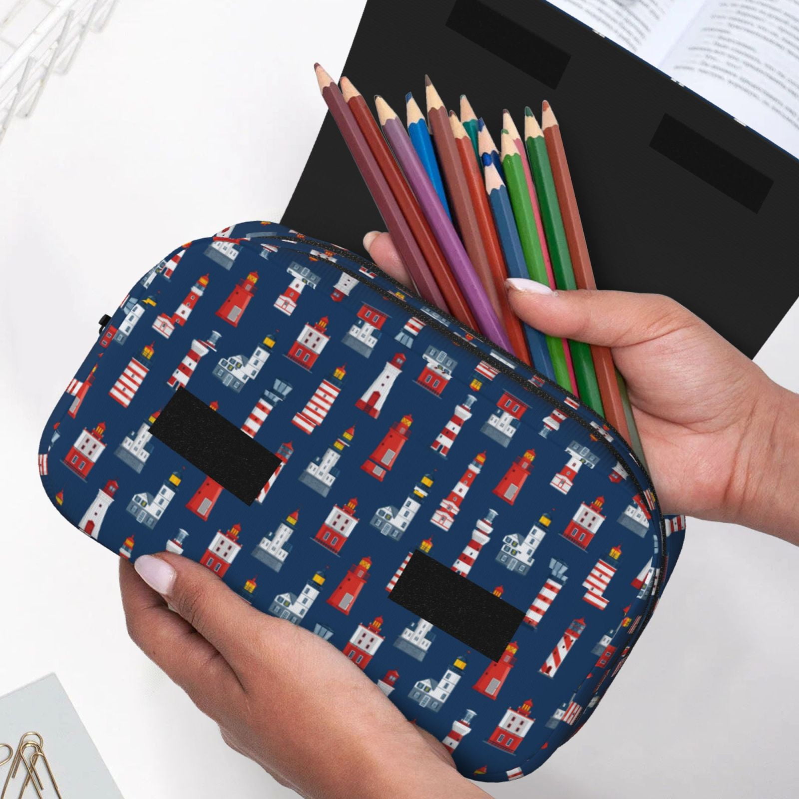 Rateoe Cartoon Lighthouse Pattern Double Clamshell Pen Case, Storage Organizer with Two Zipper Compartments– Holds Up to 50 Pencils & Pens