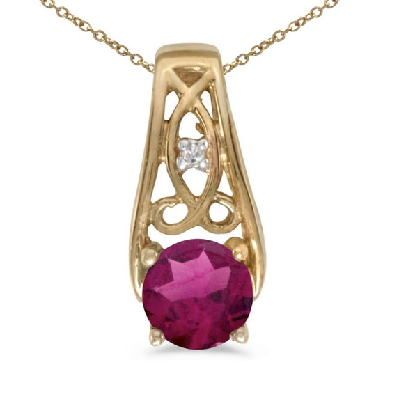 10k Yellow Gold Round Rhodolite Garnet And Diamond Pendant with 16" Chain